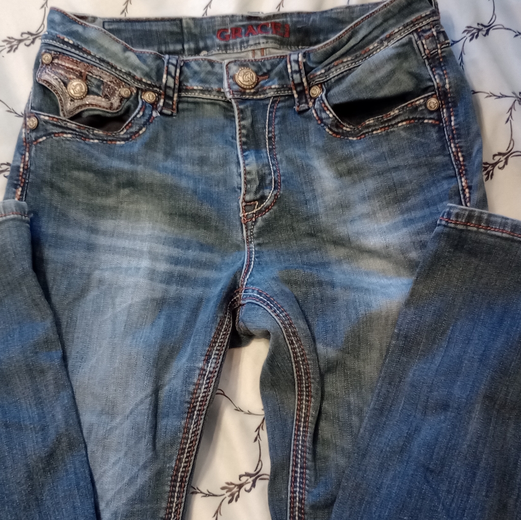Grace In La Distressed Flare Bootcut Jean Embroidered Sz 29